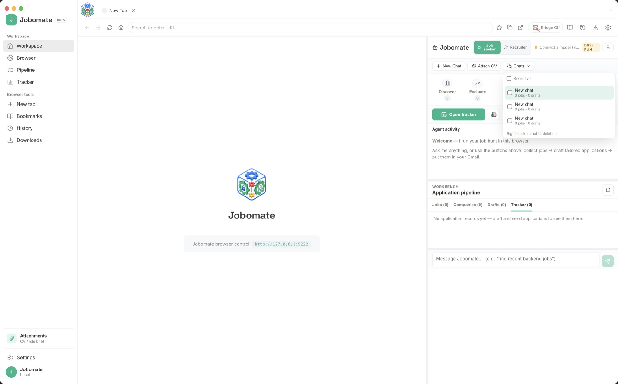 Jobomate in Job seeker mode: a built-in browser on the left and the assistant panel on the right with Attach CV, Recent jobs, Companies, Draft, Approve, Prepare emails, and Send.