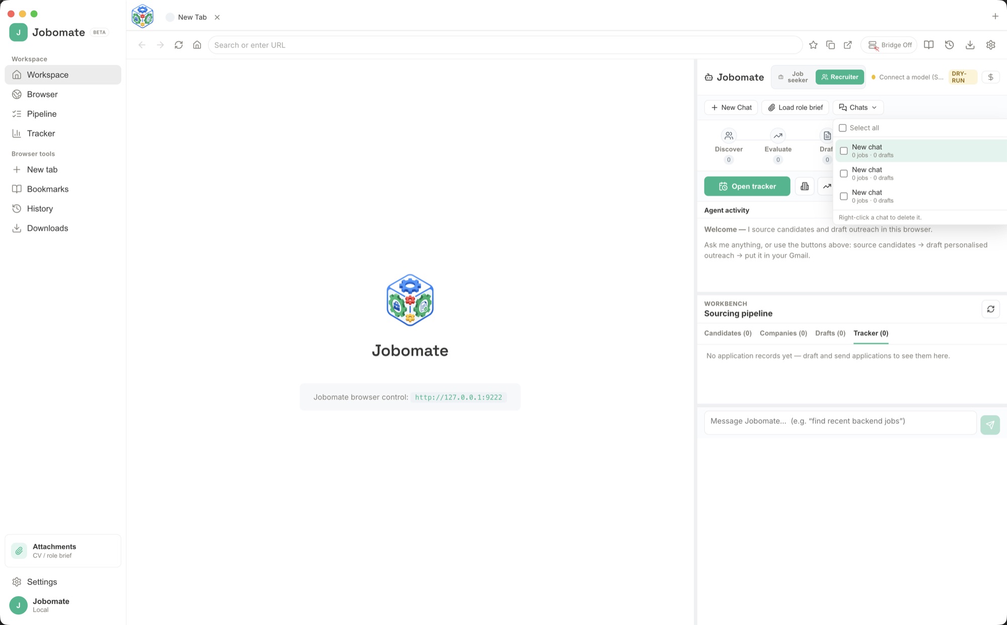 Jobomate in Recruiter mode: a built-in browser on the left and the assistant panel on the right with Load role brief, Find candidates, Draft outreach, Approve, Prepare emails, and Send.