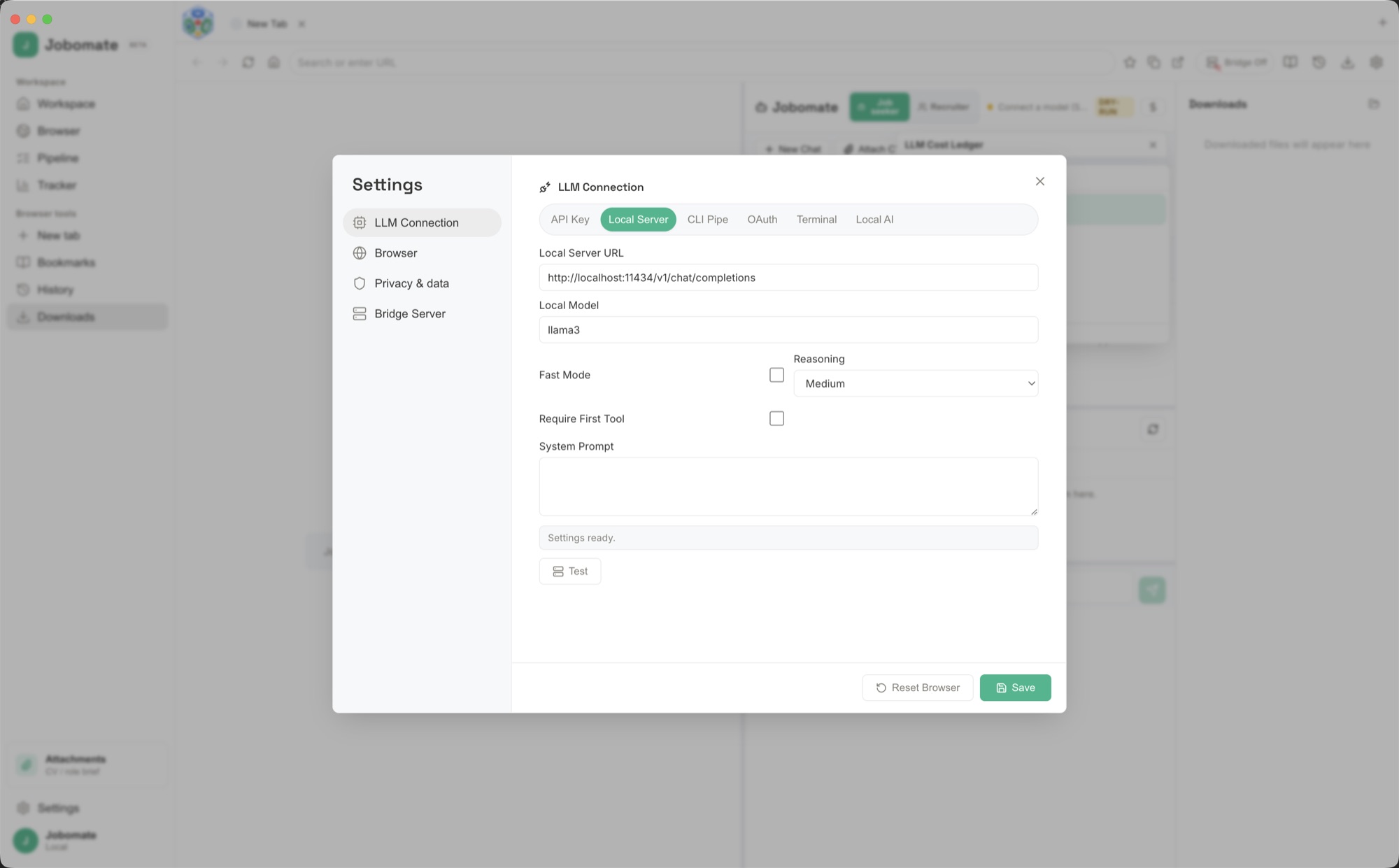 Jobomate Settings on the LLM Connection tab listing API key, OAuth, Local Server, Local AI, CLI Pipe, and Terminal.