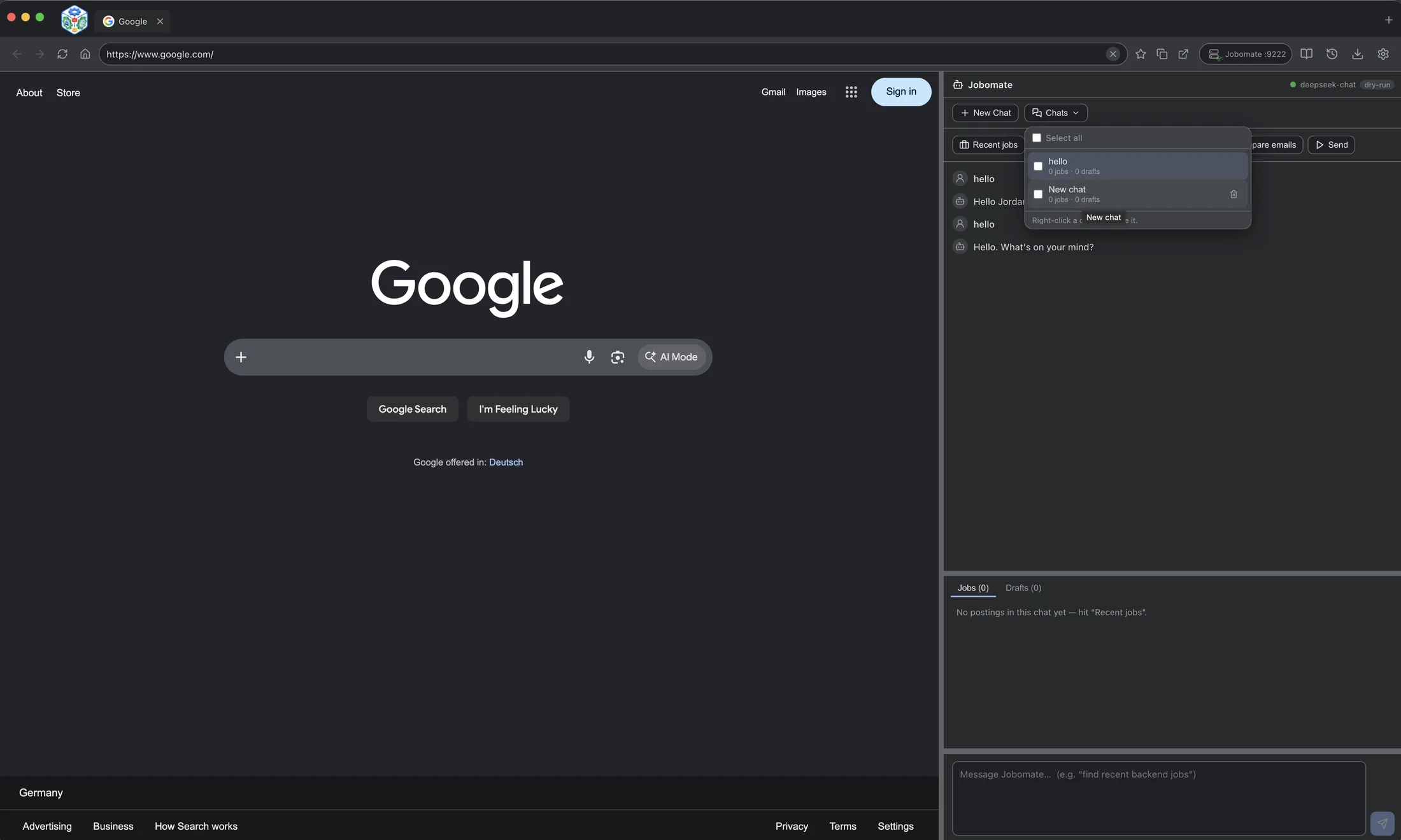 Jobomate browser home with right-side command panel and chat menu.