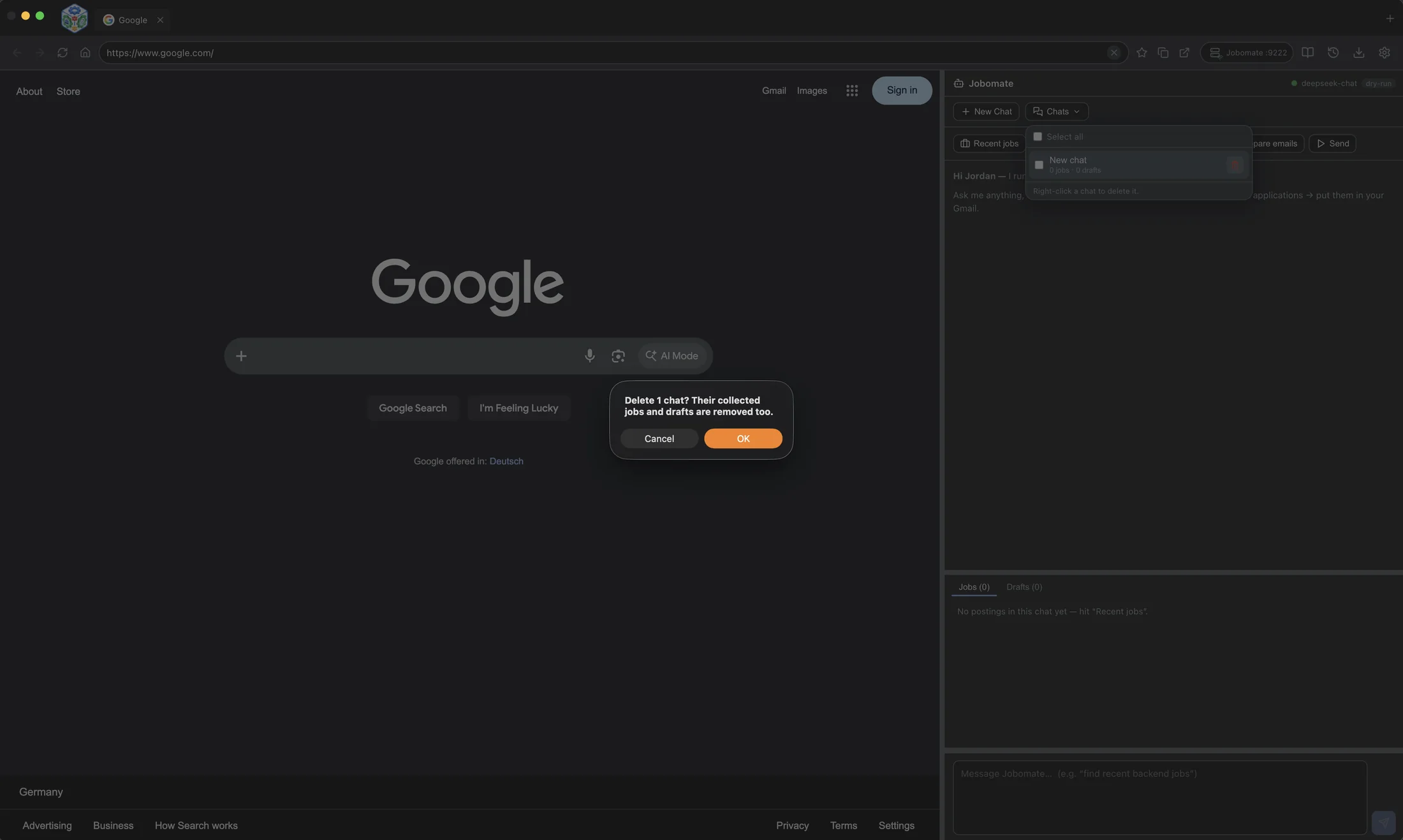 Jobomate browser home with command panel and recent jobs area.