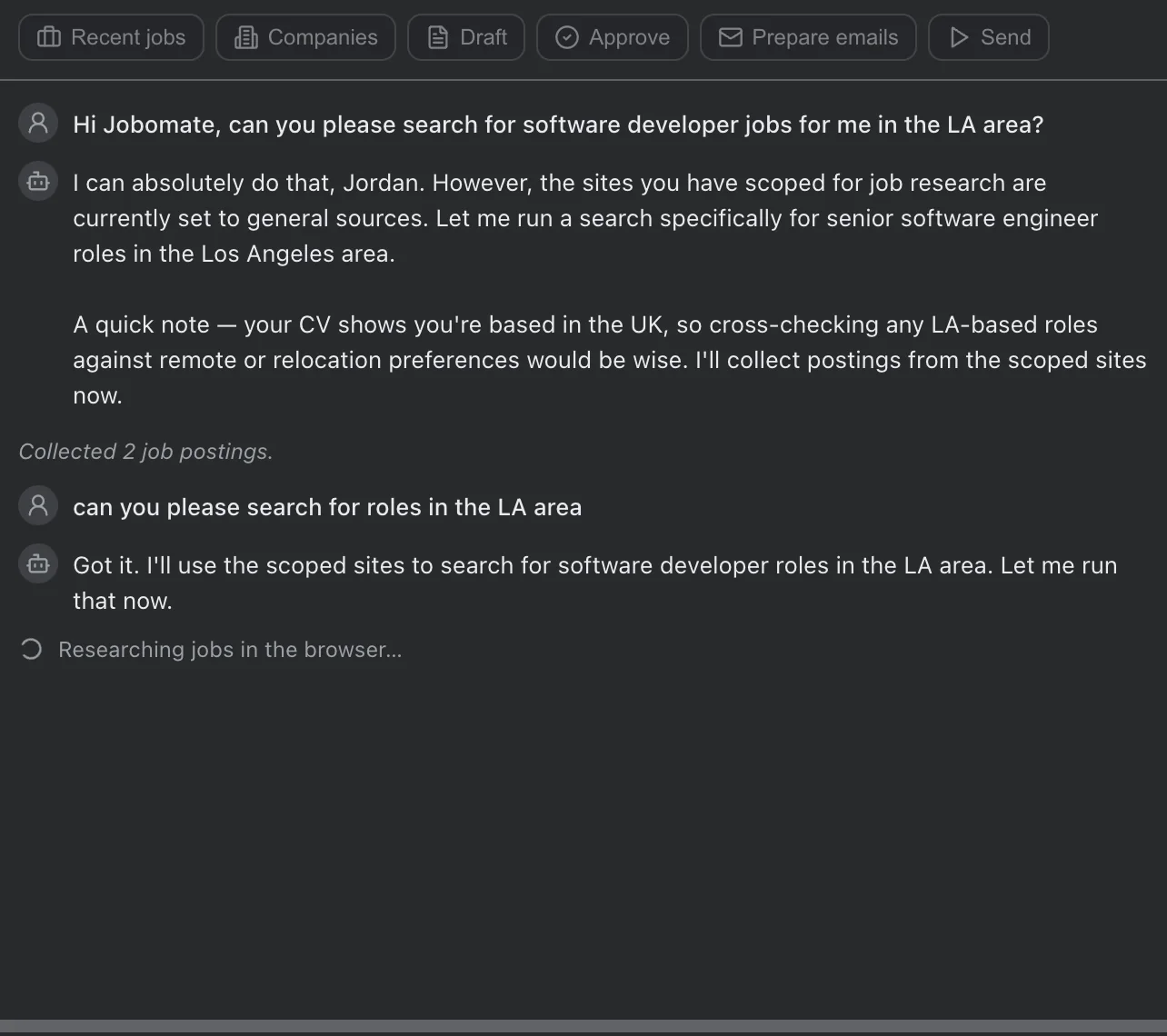 Close-up of Jobomate chat messages and workflow buttons.