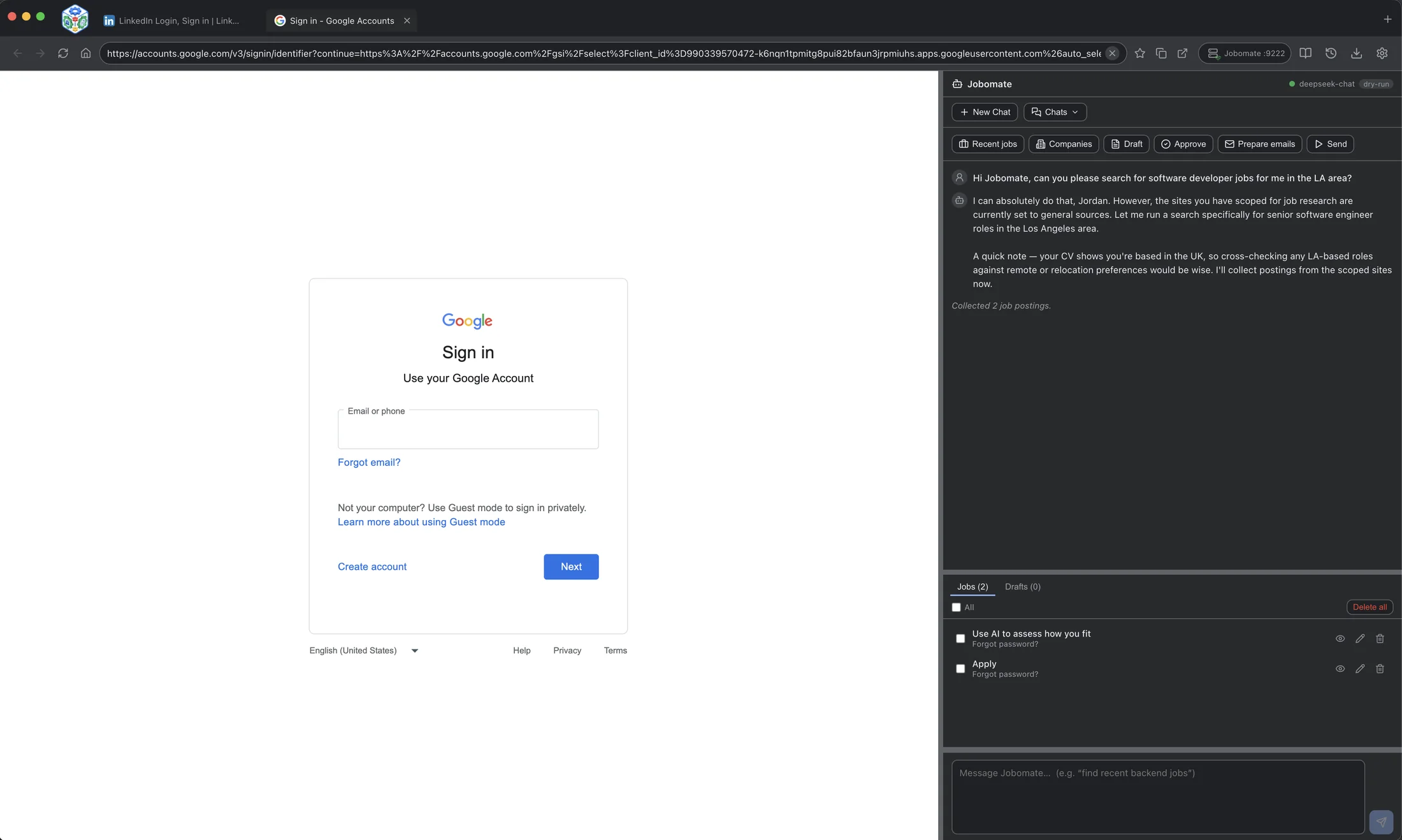 Jobomate using Google job search with the command panel collecting context.