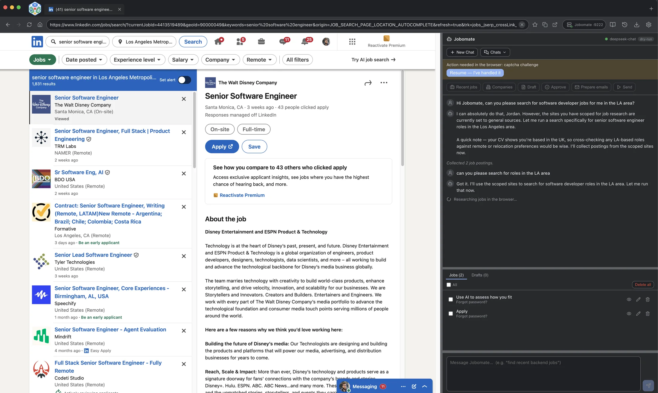 Jobomate on LinkedIn Los Angeles job results with browser challenge notice and approval controls.