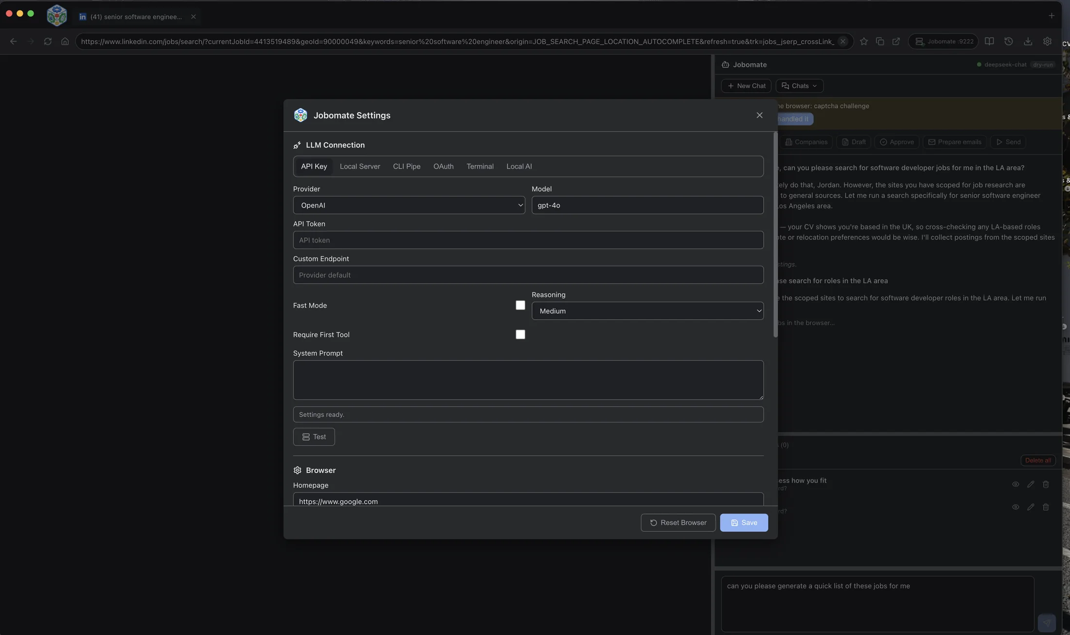 Jobomate API key settings panel.