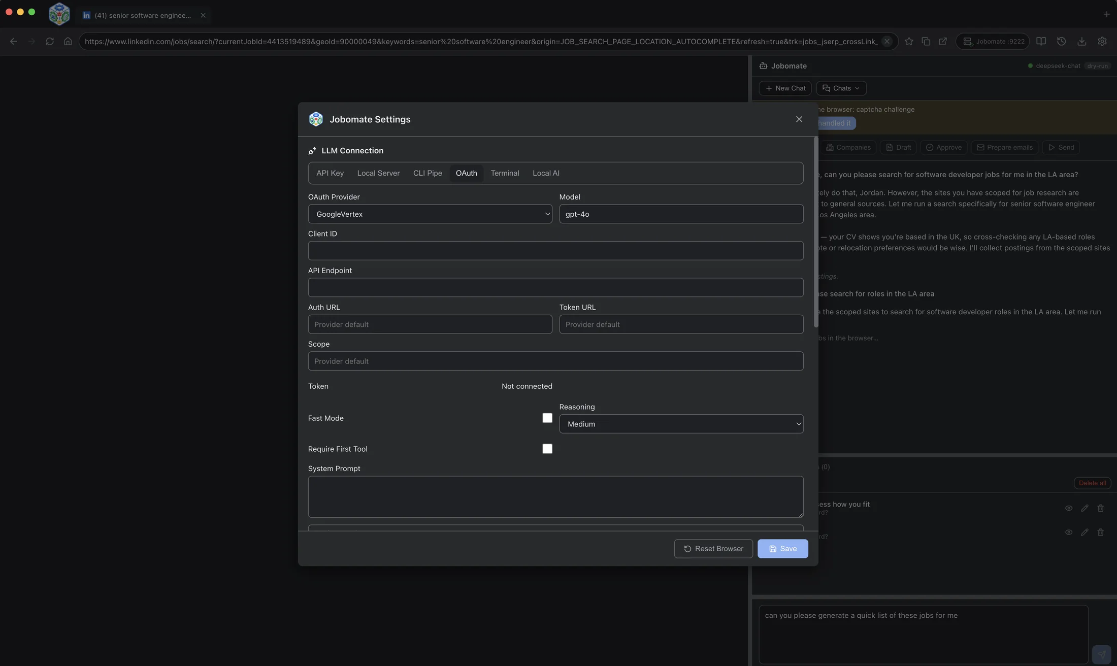 Jobomate CLI pipe settings panel.