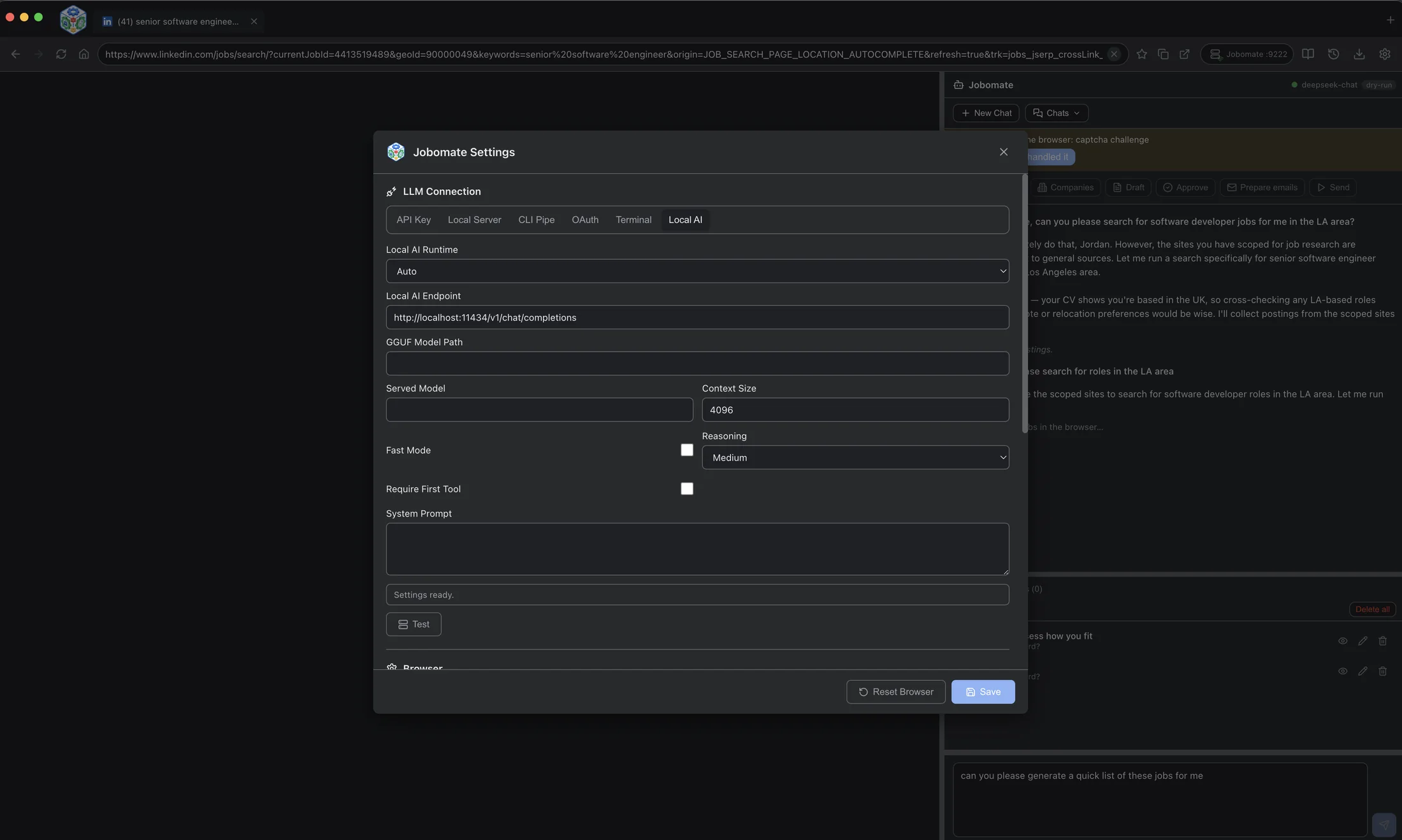 Jobomate local AI settings panel.