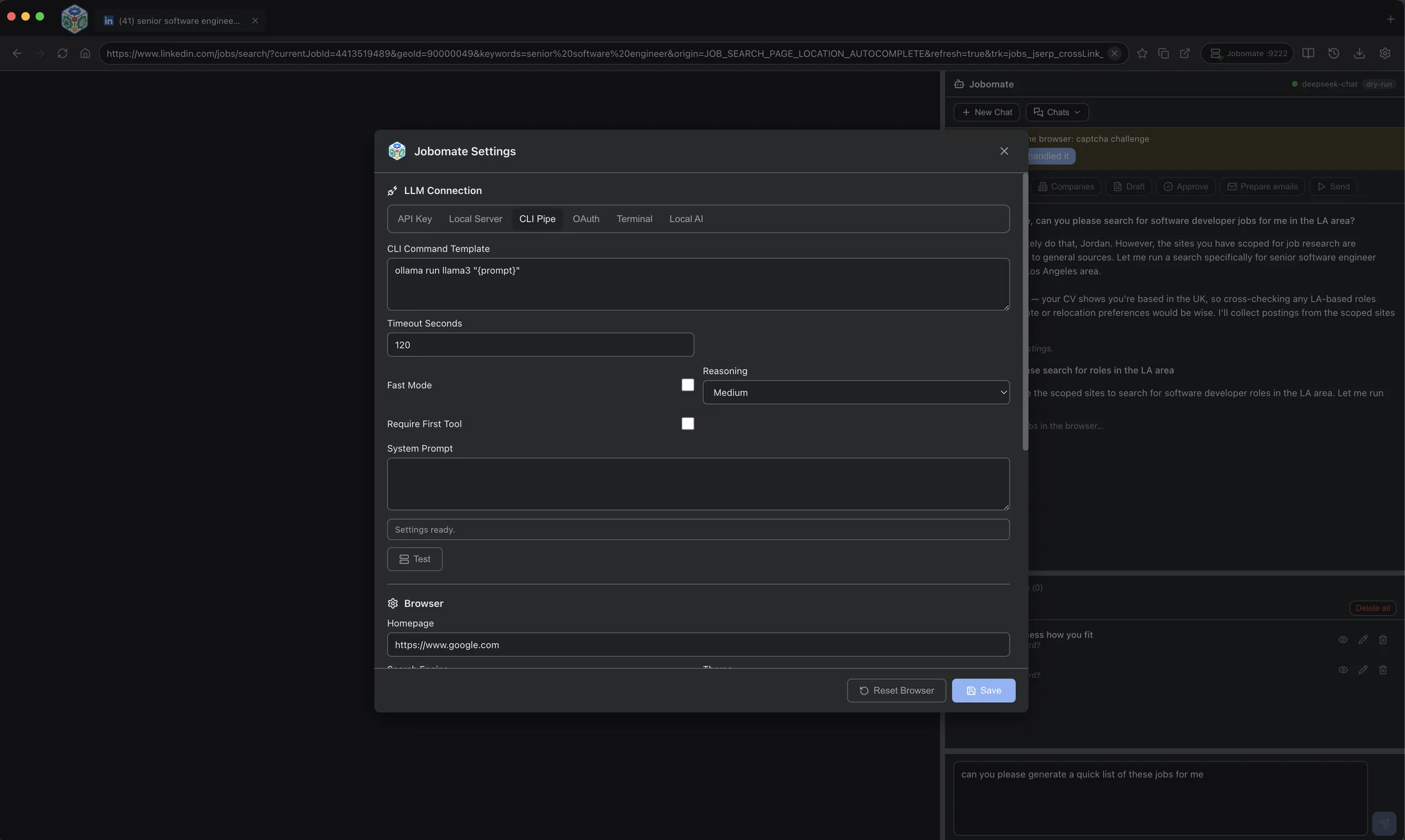 Jobomate local server settings panel.